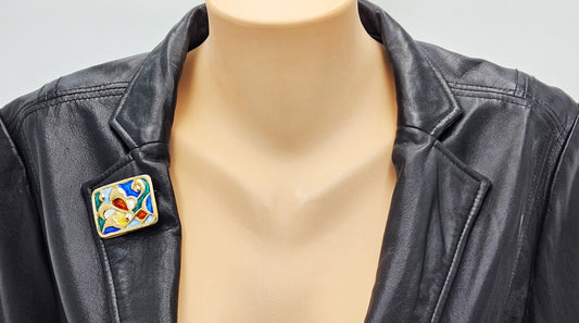 Designer Oystein Balle Norway Sterling Enamel Abstract Modernist Brooch 1950s, multicolor, blue, gold - image 2 of 9