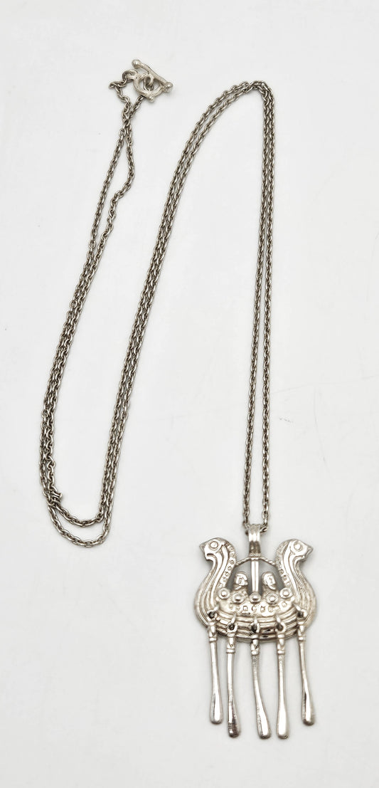 Kalevala Koru Finland Sterling XL 3D Articulating Viking Ship Necklace 1960's