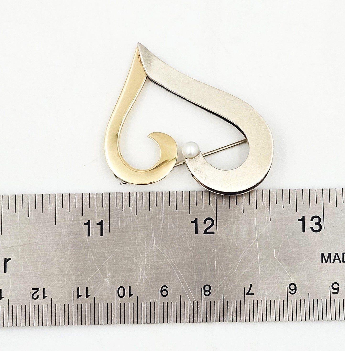 B Levy Jewelry Superb Artisan Signed B Levy Sterling 14k Gold & Pearl Modernist Heart Brooch