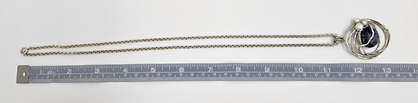 B Sterling Jewelry Artisan Sterling Sodalite & Pearl Abstract Modernist Pendant Necklace C. 1980s