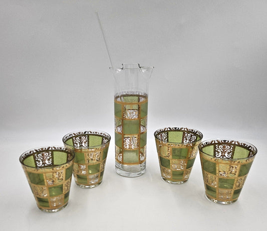 Culver Serveware Superb Culver Prado Green 22k Gold Martini Pitcher Glasses Barware Set 1960s