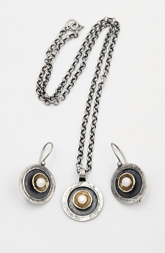 Golan Goldex Jewelry Sterling 14k Pearl Modernist Necklace & Earrings Set by Golan Goldex of Israel