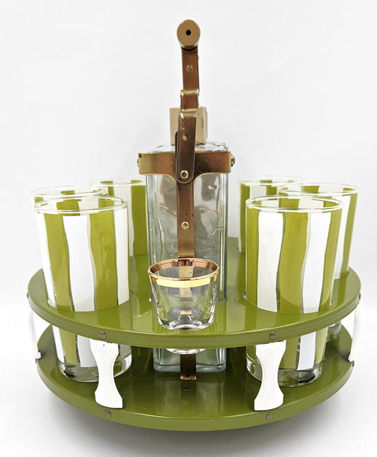 Libbey Barware MCM Libbey Green White Tantalus Carousel Bottle Glassware Set 1950/60s