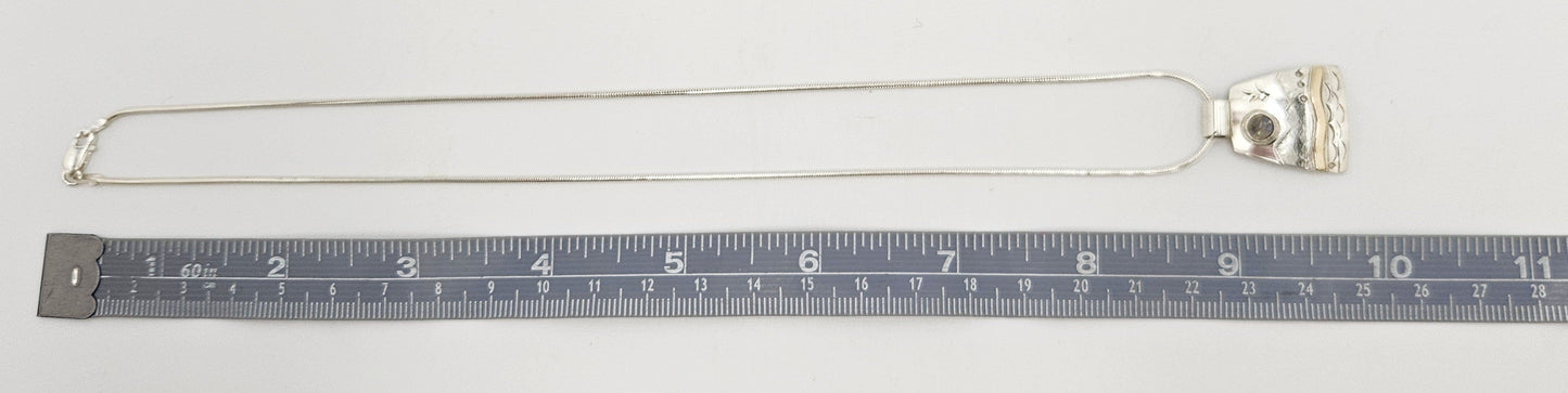 LM Artisan Sterling Necklace Jewelry Sterling & Gold Moonstone Abstract Modernist Pendant Necklace Signed LM
