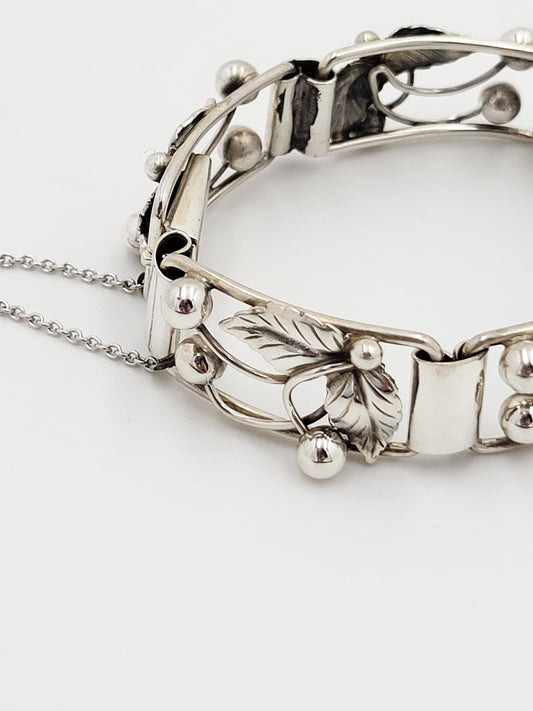 S. Christian Fogh Jewelry Denmark SC Fogh Art Deco 3D Leaves Berries Sterling Panel Bracelet 1950s