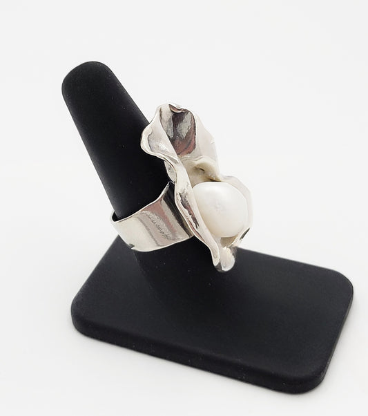Sterling Ring Jewelry Vintage Sterling Silver & Pearl Large Bold Abstract Modernist Cocktail Ring