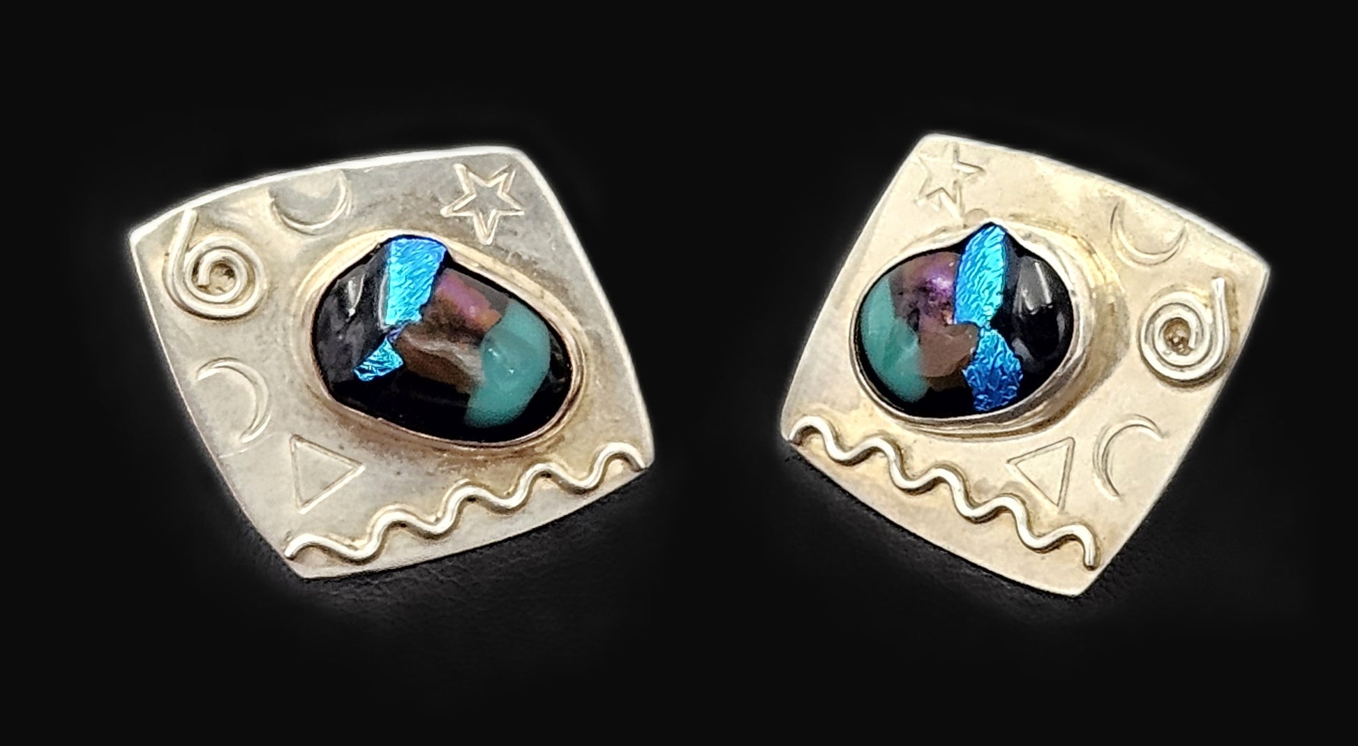 Designer Barbara Sucherman Sterling Silver + Glass Modernist Earrings 1980's, multicolor, geometric - image 1 of 8