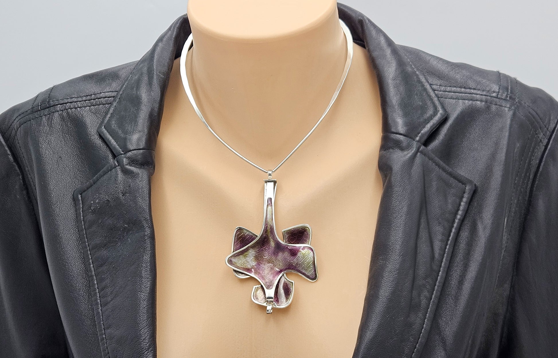 David Andersen BSO Norway 925 Enamel Modernist Statement Necklace 1960s, multicolor, silver, purple - image 2 of 10