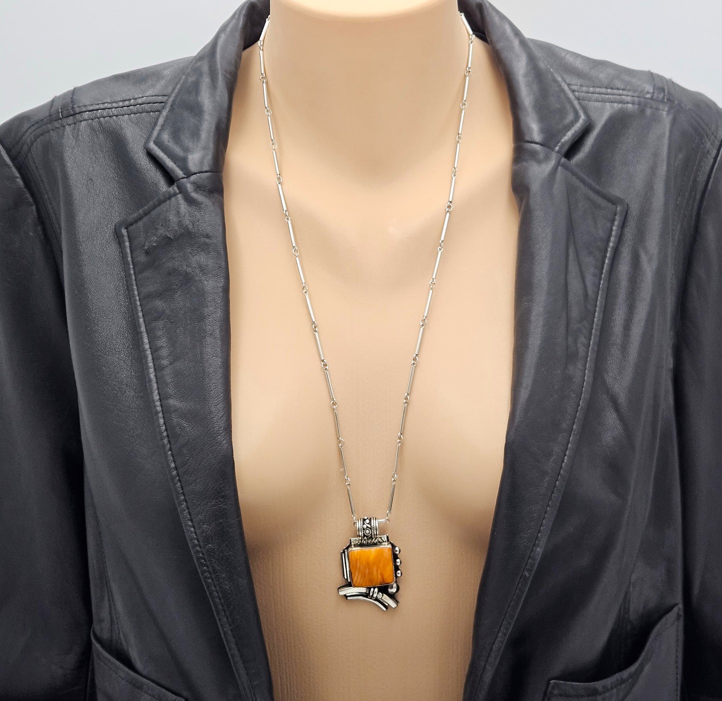 OOAK Victor Yurivilca Sterling Spiny Oyster Abstract Large Statement Necklace, silver, multicolor, orange - image 2 of 9