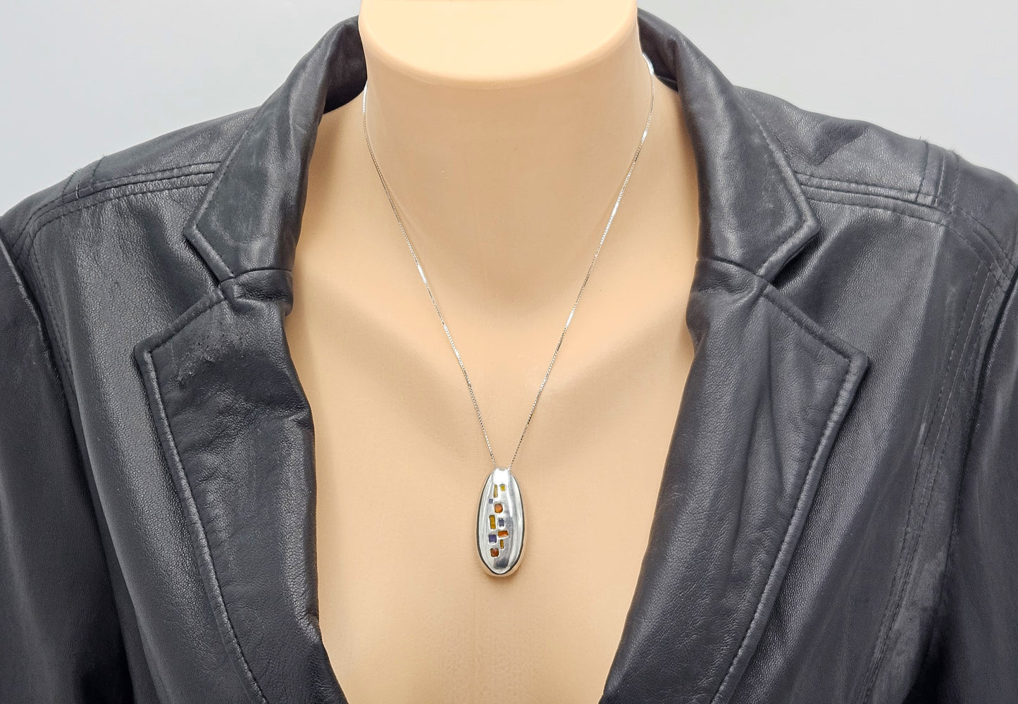 Italian Designer Paloma Canivet Sterling Enamel Modernist Necklace 1970/80s, silver, multicolor, white - image 2 of 8