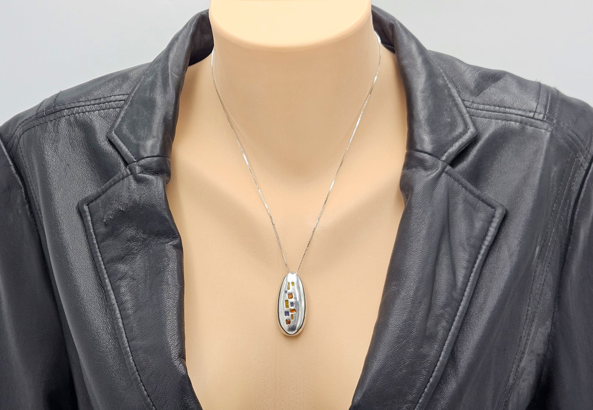 Italian Designer Paloma Canivet Sterling Enamel Modernist Necklace 1970/80s, silver, multicolor, white - image 2 of 8