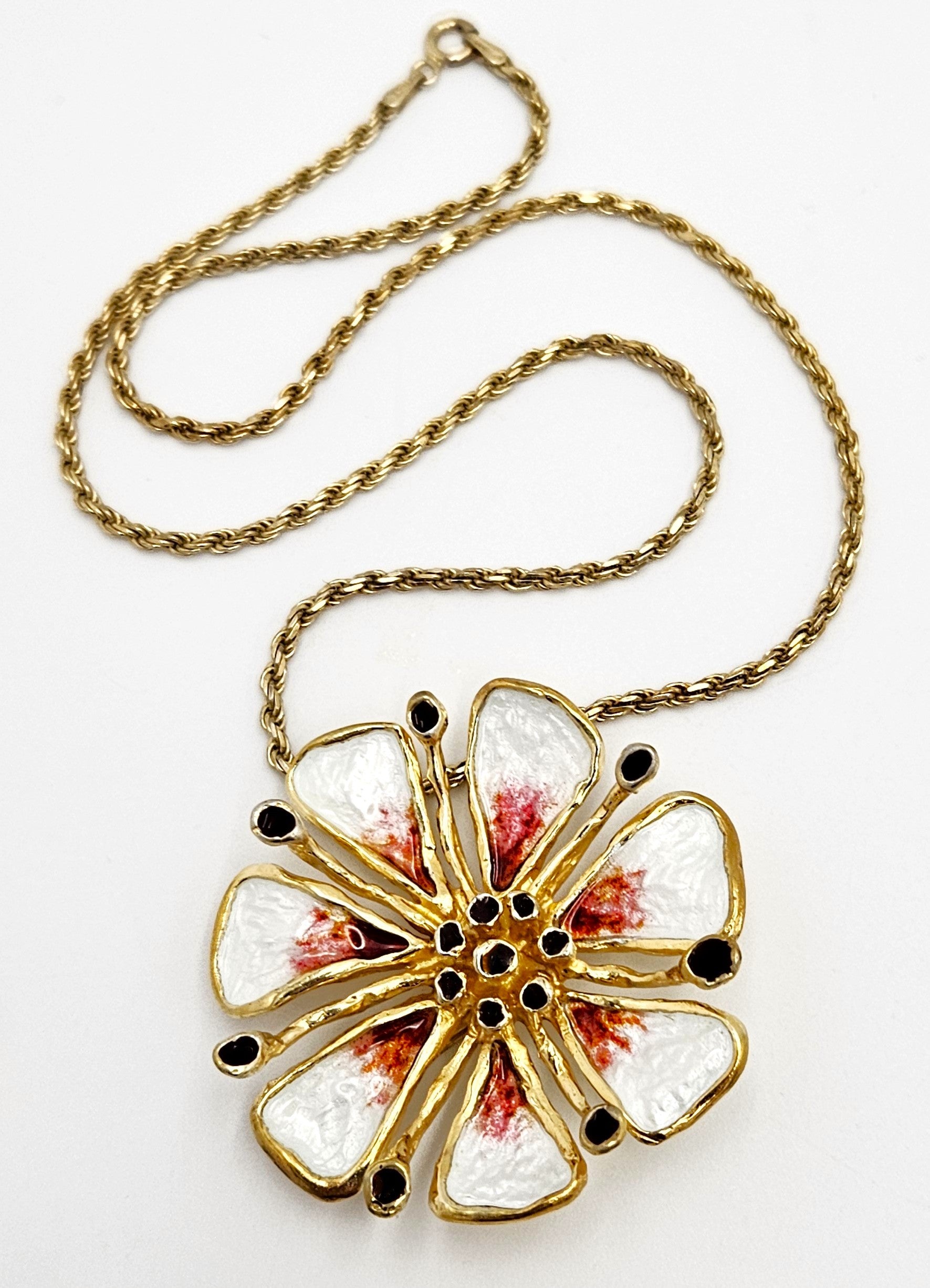 David Andersen Sterling Enamel 3D Tropical Flower Pendant Necklace C. 1960s, multicolor, floral, gold - image 4 of 10