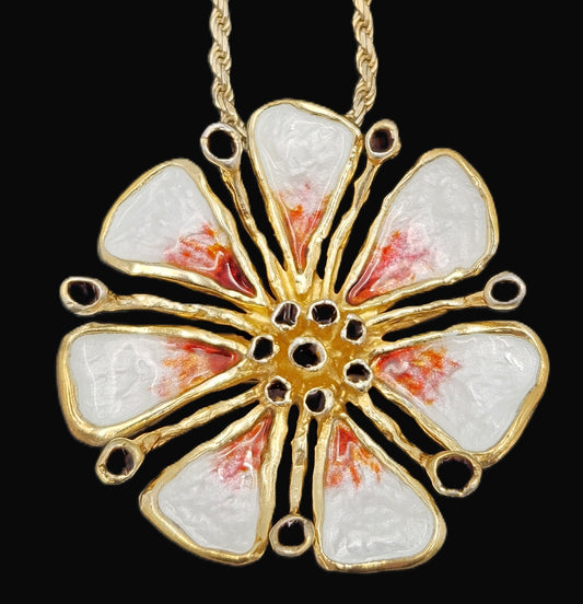 David Andersen Sterling Enamel 3D Tropical Flower Pendant Necklace C. 1960s, multicolor, floral, gold - image 1 of 10