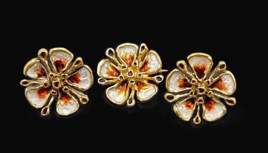 David Andersen Sterling Enamel 3D Flower Pin Earrings Demi Parure Set 1960s, multicolor, floral, gold - image 1 of 9