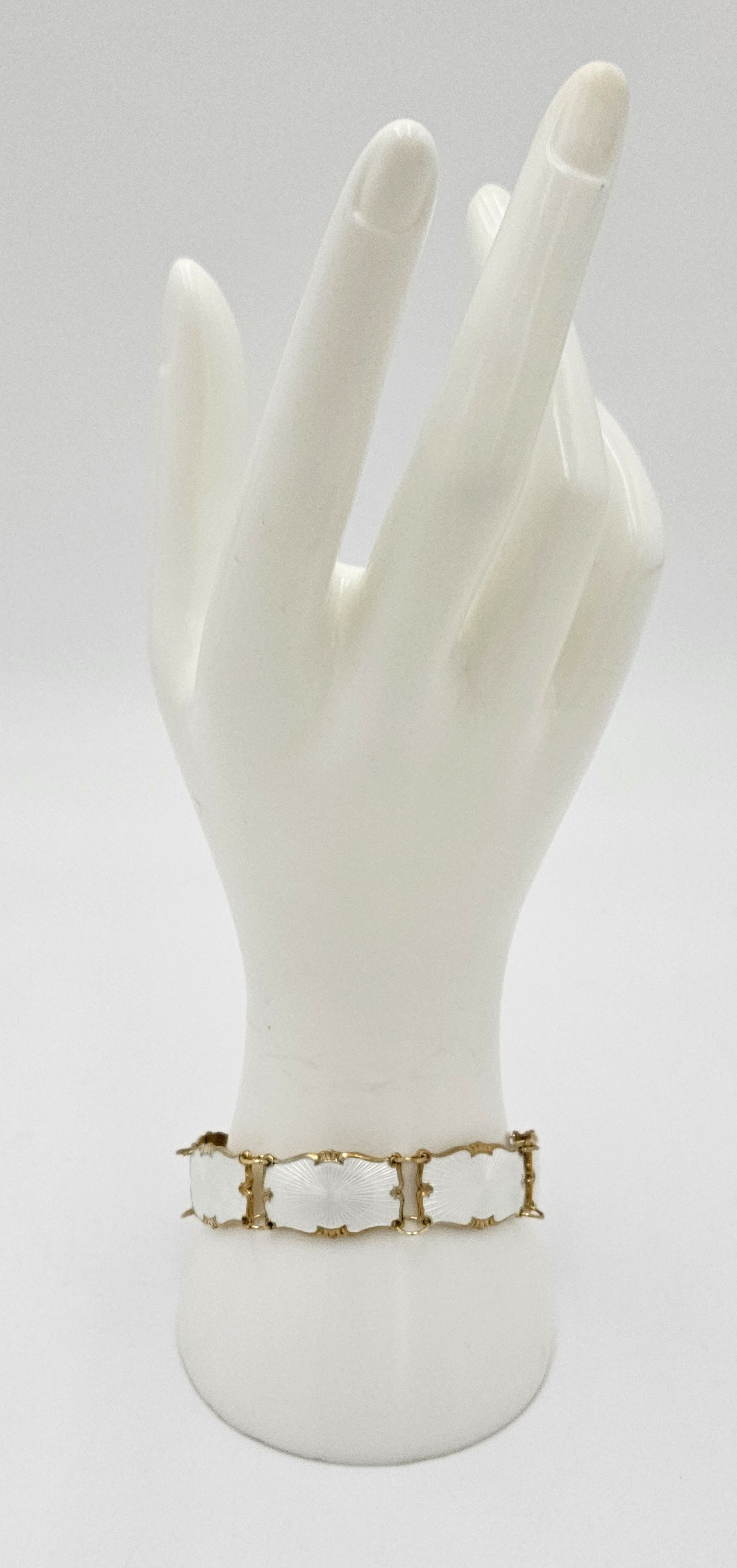 Ivar Holth Norway Sterling & White Enamel Art Deco Panel Link Bracelet 1940s, multicolor, gold, geometric - image 2 of 10