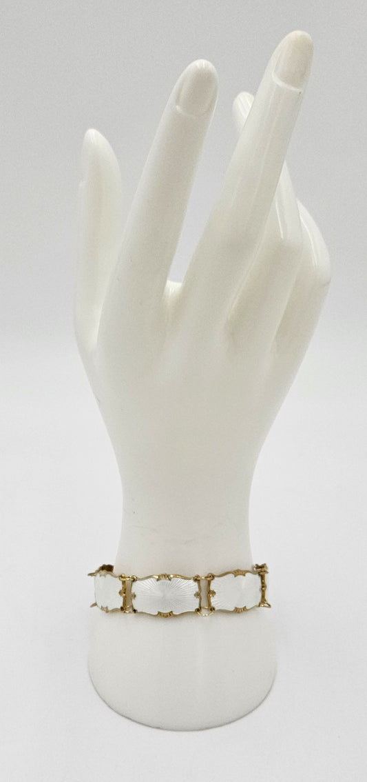 Ivar Holth Norway Sterling & White Enamel Art Deco Panel Link Bracelet 1940s, multicolor, gold, geometric - image 2 of 10