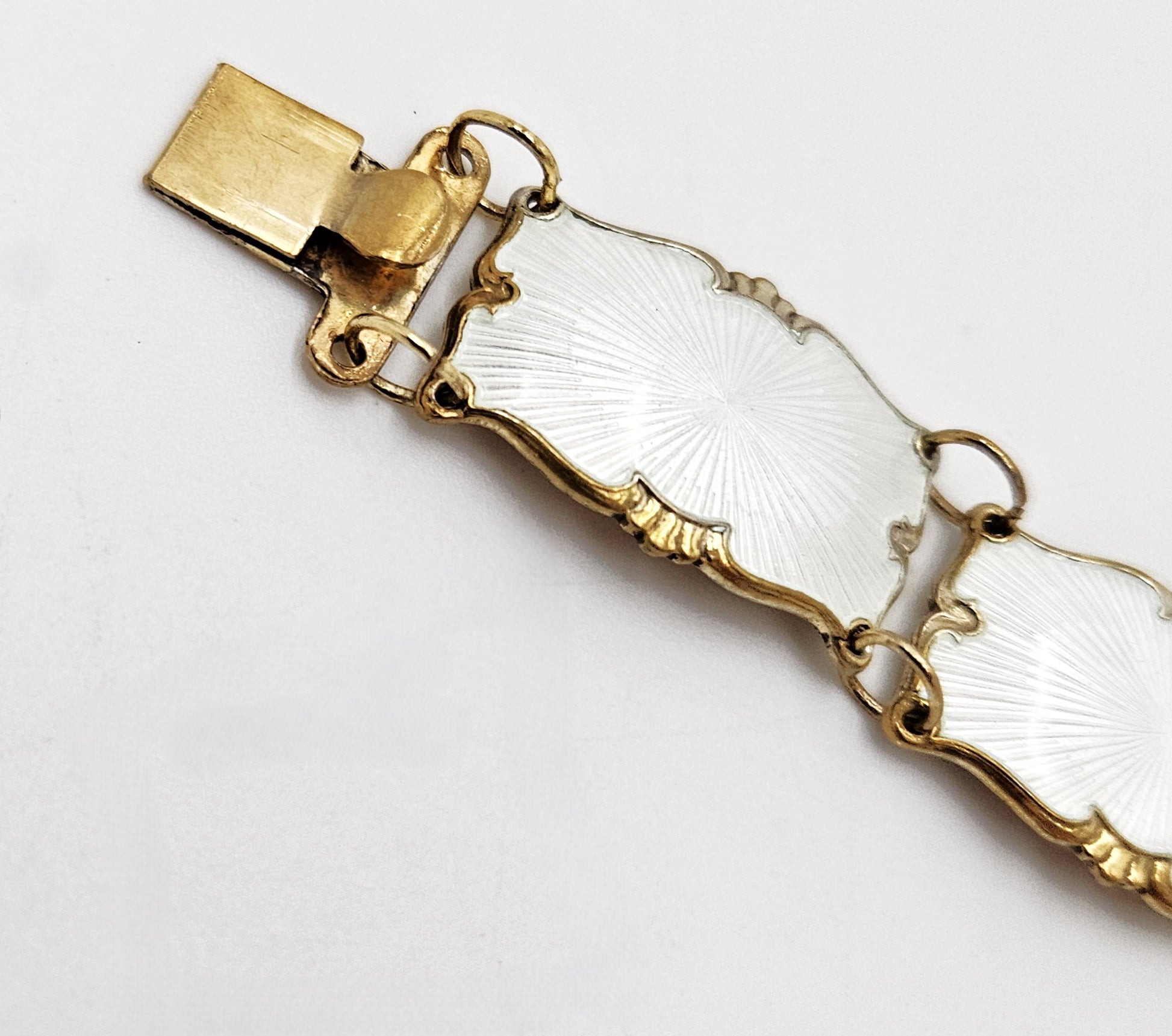 Ivar Holth Norway Sterling & White Enamel Art Deco Panel Link Bracelet 1940s, multicolor, gold, geometric - image 5 of 10