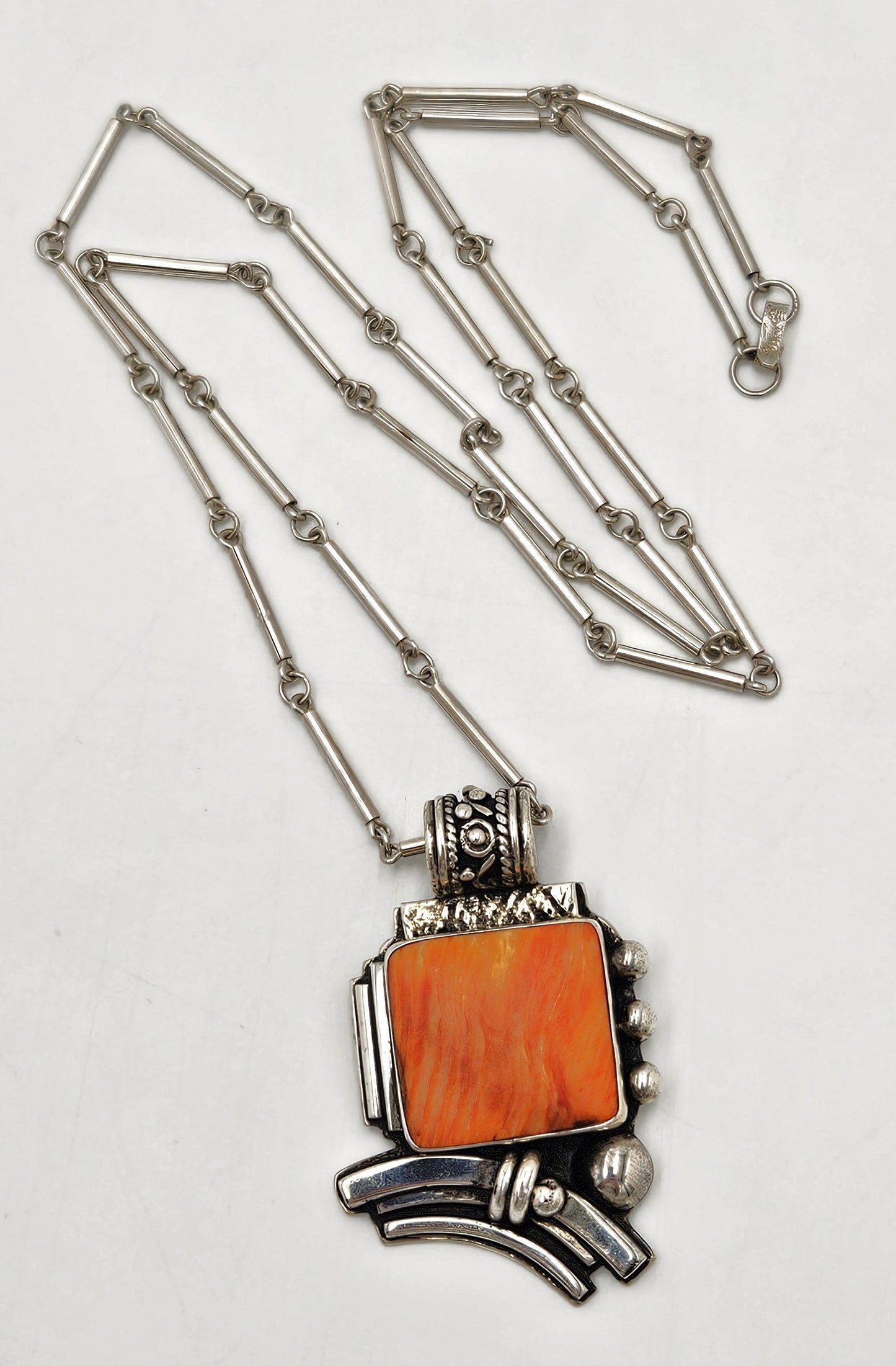 OOAK Victor Yurivilca Sterling Spiny Oyster Abstract Large Statement Necklace, silver, multicolor, orange - image 3 of 9