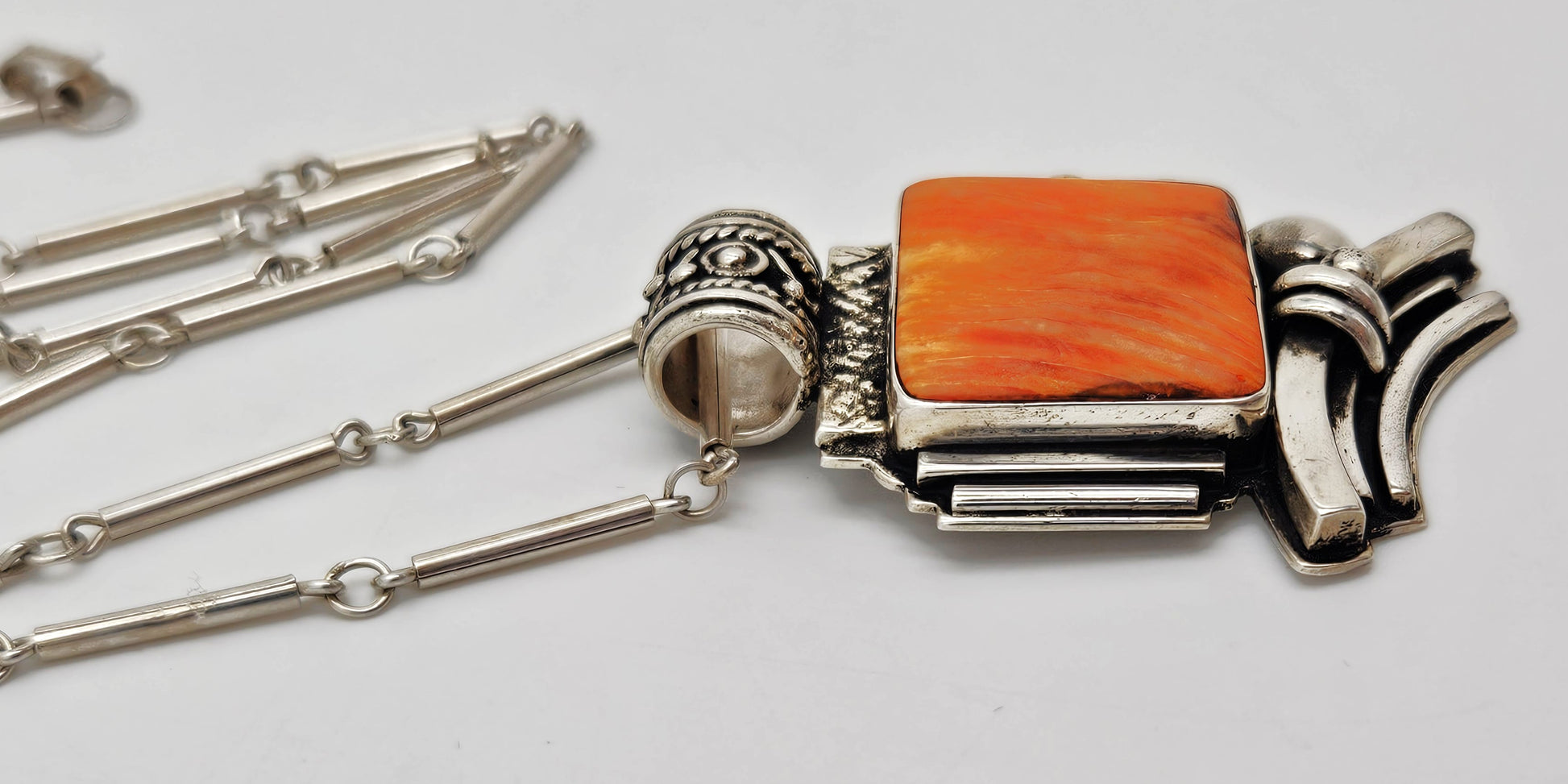 OOAK Victor Yurivilca Sterling Spiny Oyster Abstract Large Statement Necklace, silver, multicolor, orange - image 4 of 9