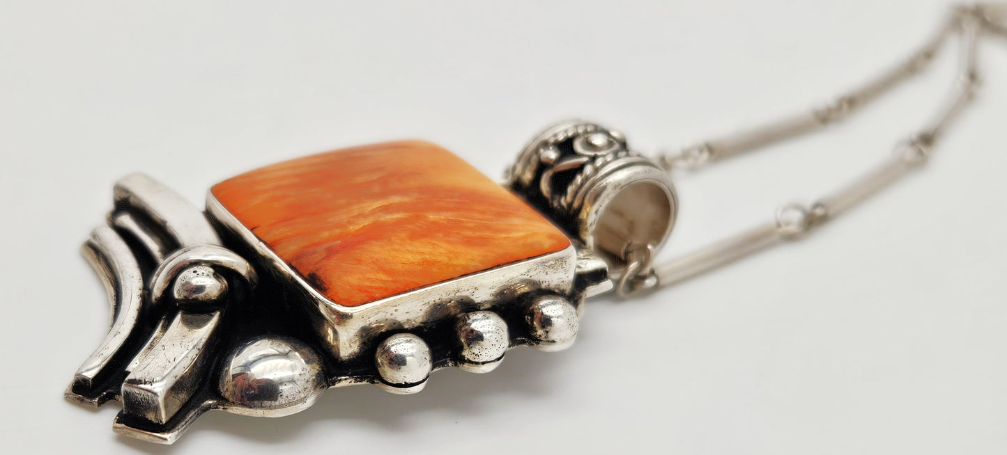 OOAK Victor Yurivilca Sterling Spiny Oyster Abstract Large Statement Necklace, silver, multicolor, orange - image 5 of 9