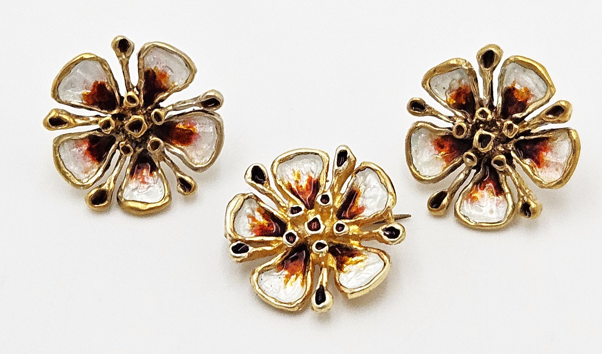 David Andersen Sterling Enamel 3D Flower Pin Earrings Demi Parure Set 1960s, multicolor, floral, gold - image 3 of 9