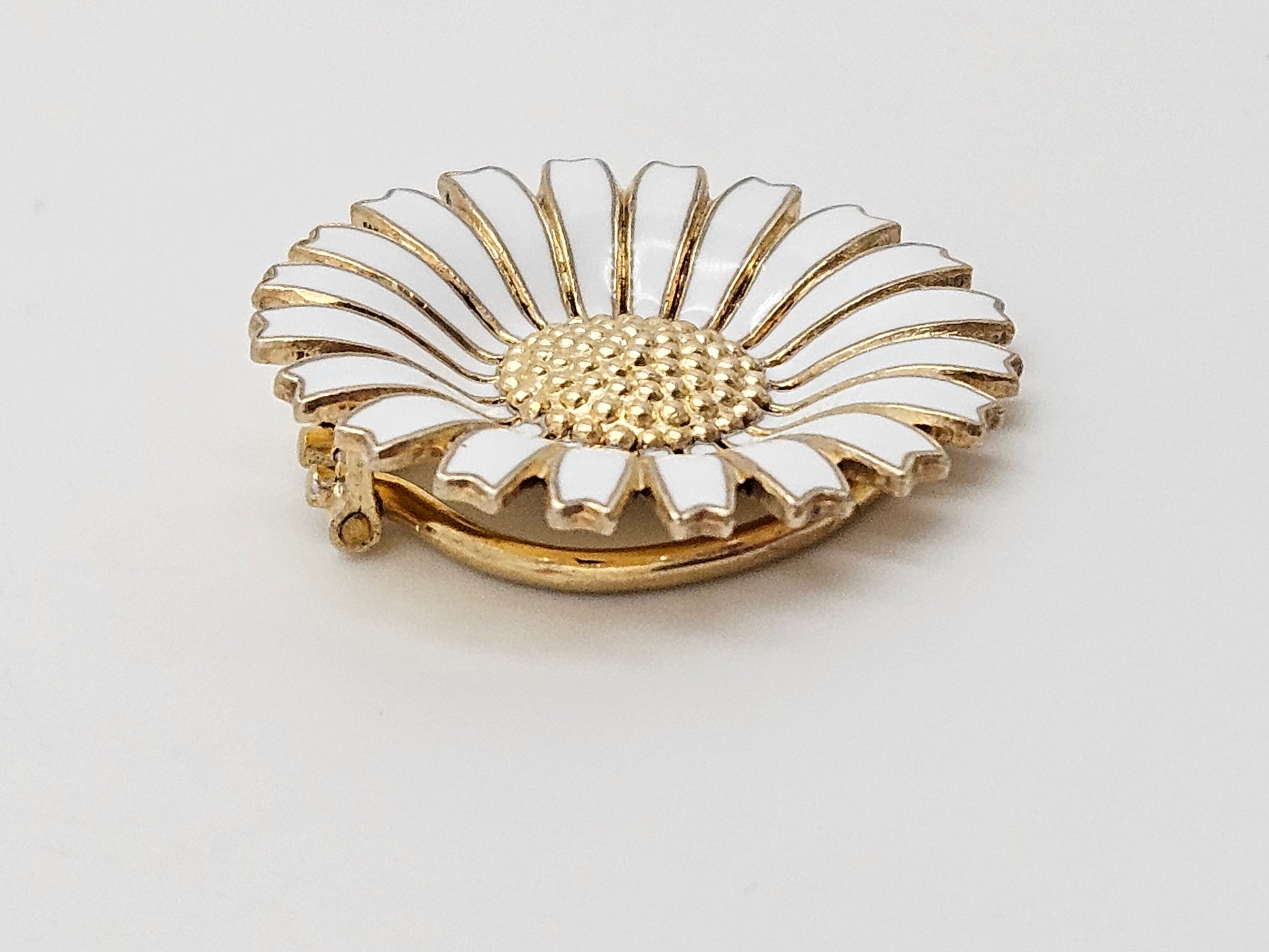 Anton Michelsen Denmark sterling silver enamel Daisy Flower Brooch Scarf Clip 1940s, view 7 of 10