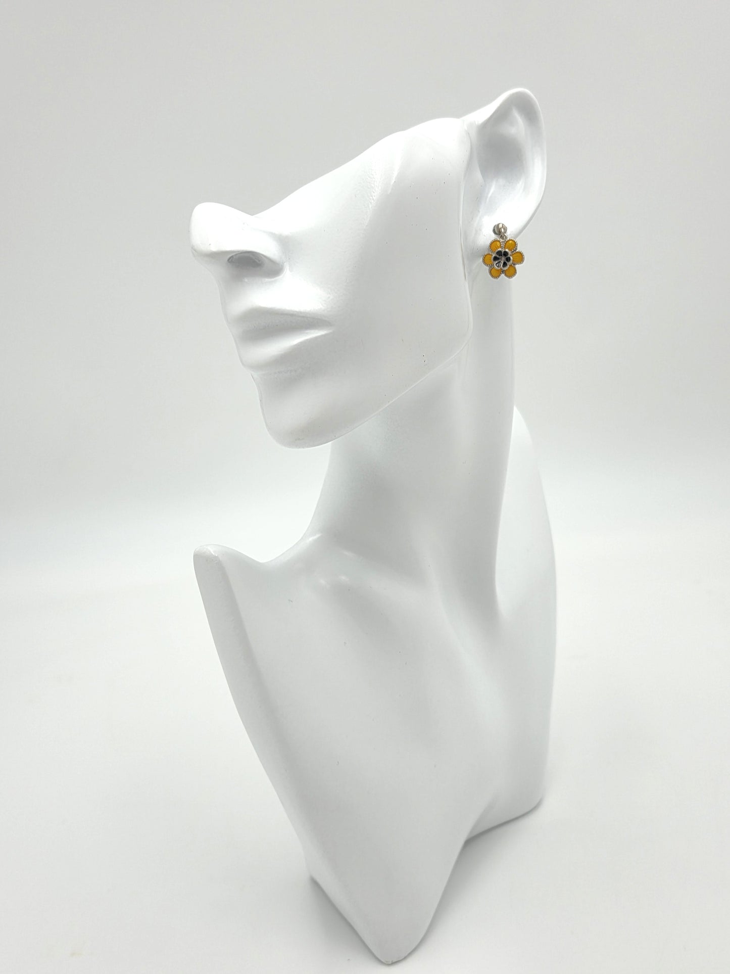 Meka Denmark Sterling Enamel BlackEyed Susan Flower Earrings Brooch Set 1950s