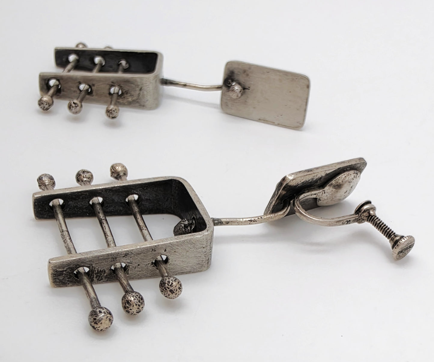 Ed Wiener Attributed Sterling Abstract Kinetic 3D Drop Dangle Earrings 1950s