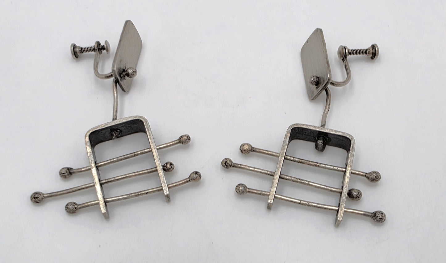 Ed Wiener Attributed Sterling Abstract Kinetic 3D Drop Dangle Earrings 1950s