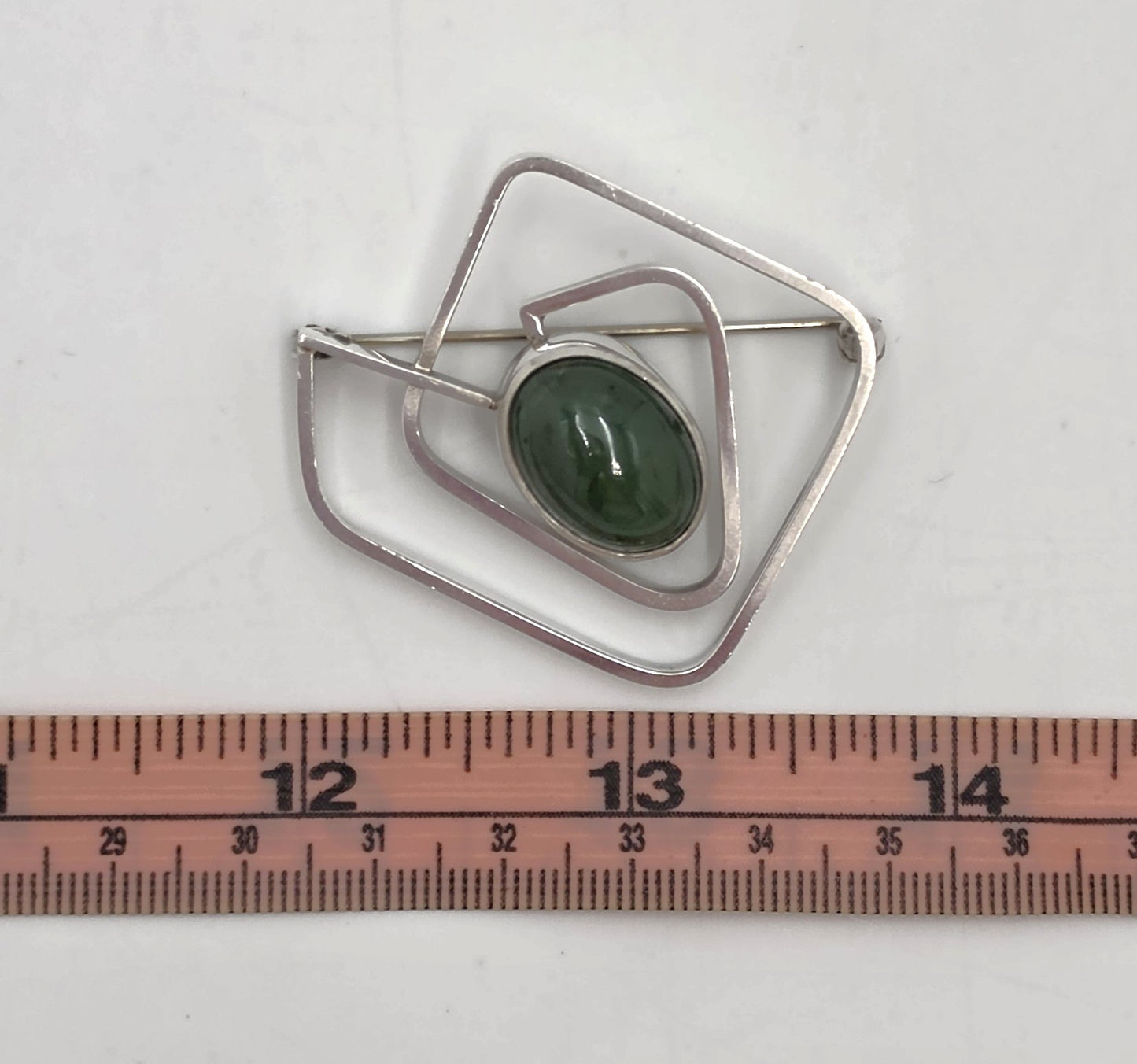 Vintage Sterling & Nephrite Modernist 3D Geometric Abstract Brooch Signed