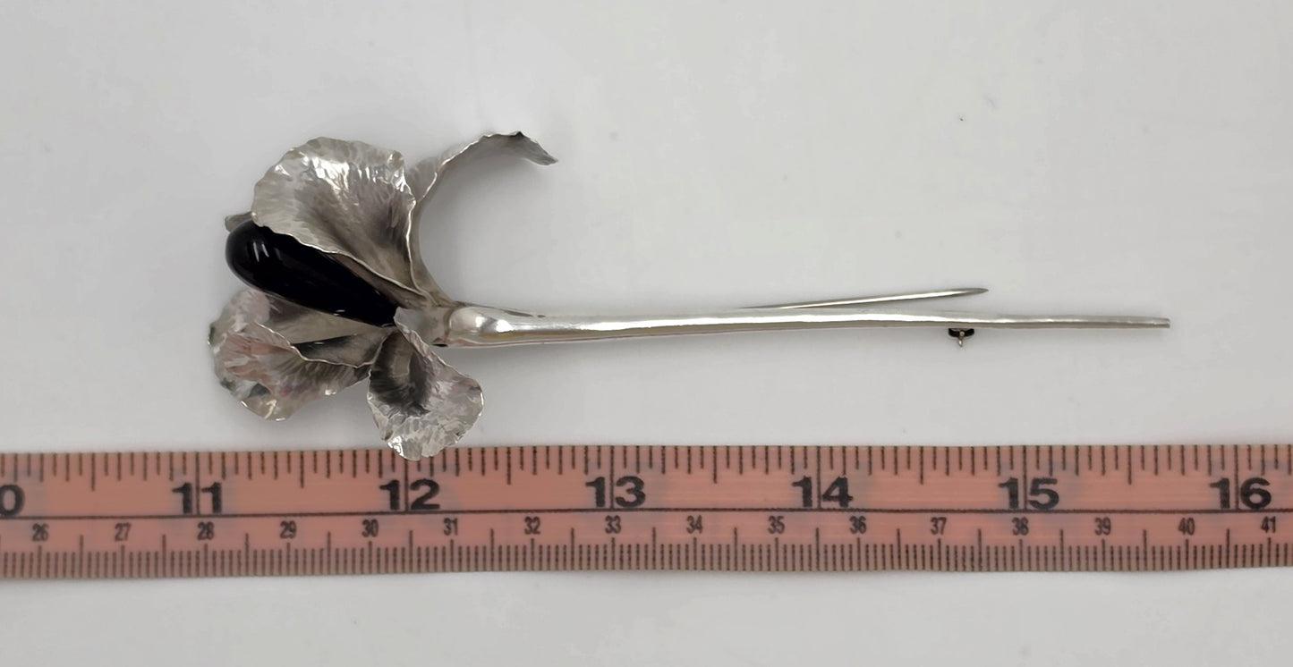 Superb Vintage Angela Conty Sterling Silver & Onyx XL 3D Orchid Flower Brooch