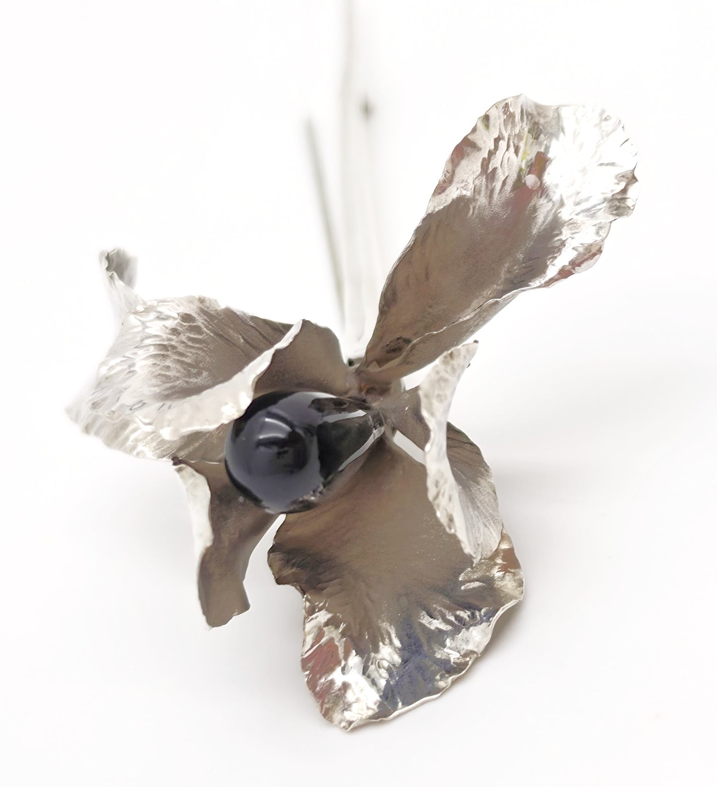 Superb Vintage Angela Conty Sterling Silver & Onyx XL 3D Orchid Flower Brooch