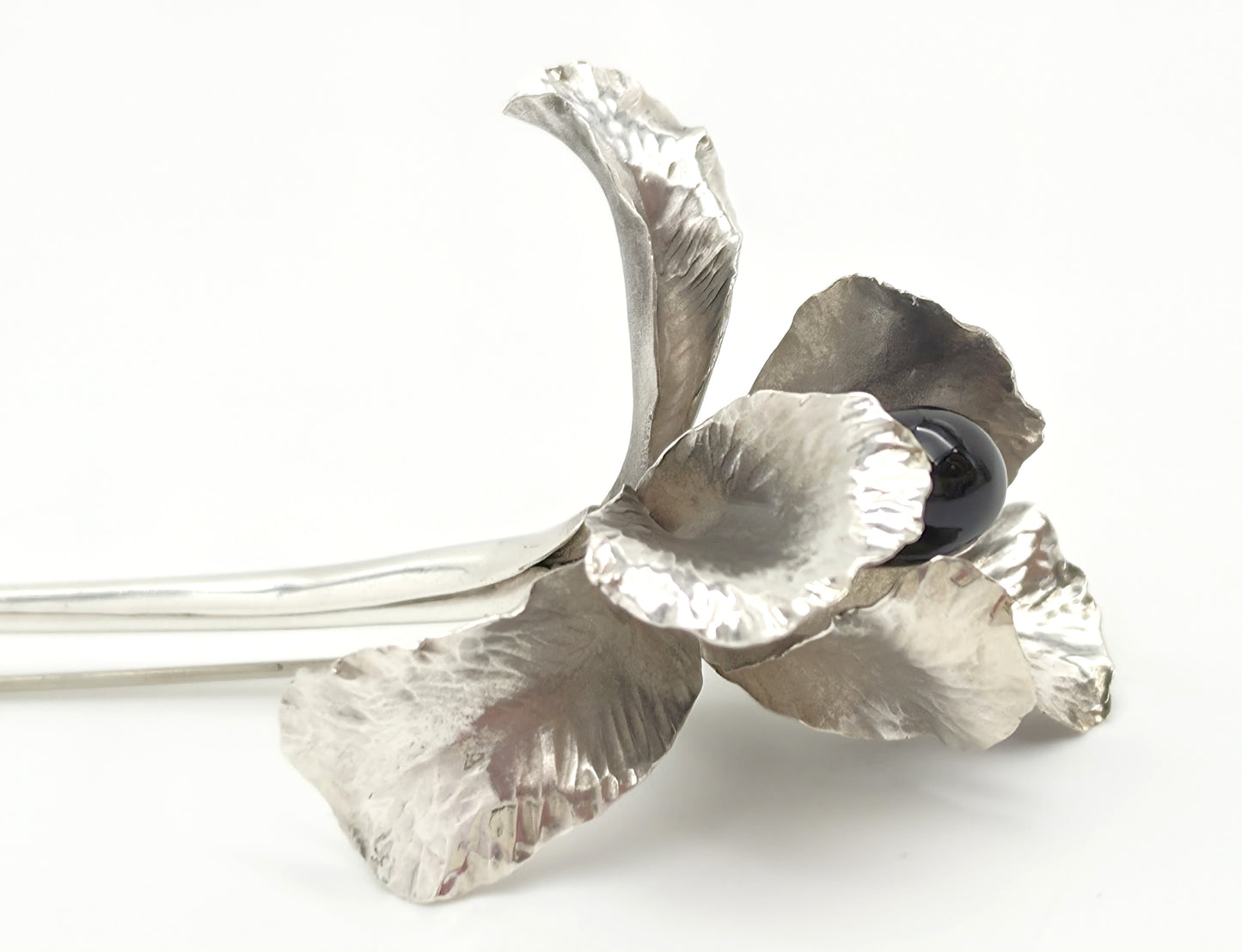 Superb Vintage Angela Conty Sterling Silver & Onyx XL 3D Orchid Flower Brooch