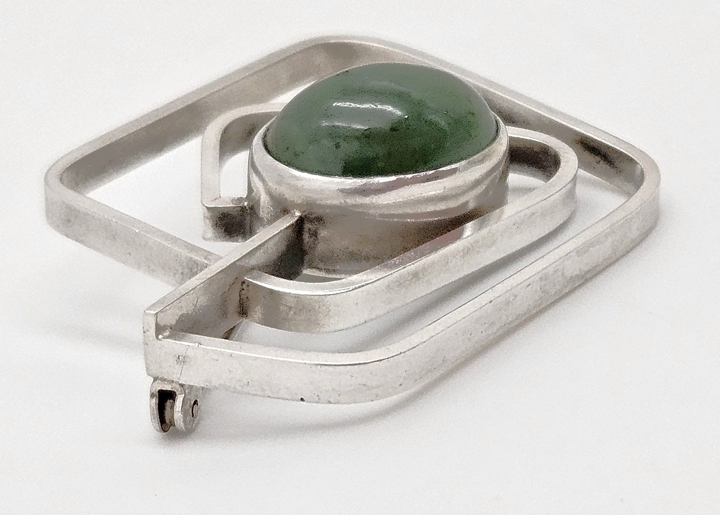 Vintage Sterling & Nephrite Modernist 3D Geometric Abstract Brooch Signed