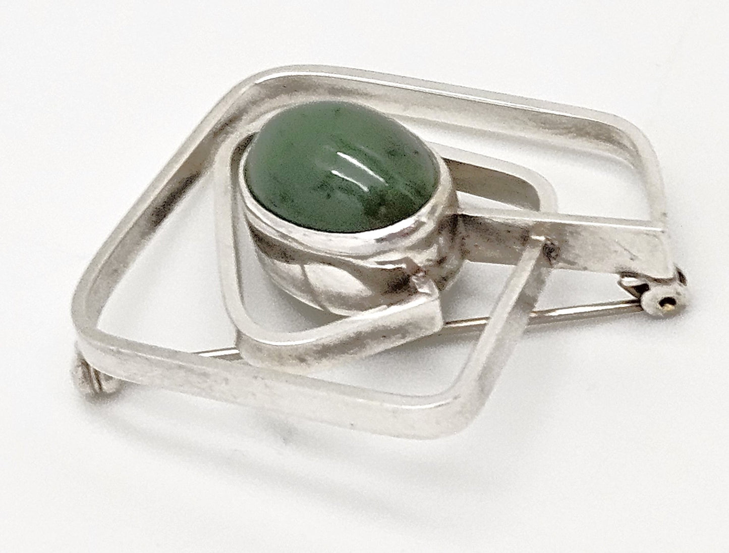 Vintage Sterling & Nephrite Modernist 3D Geometric Abstract Brooch Signed
