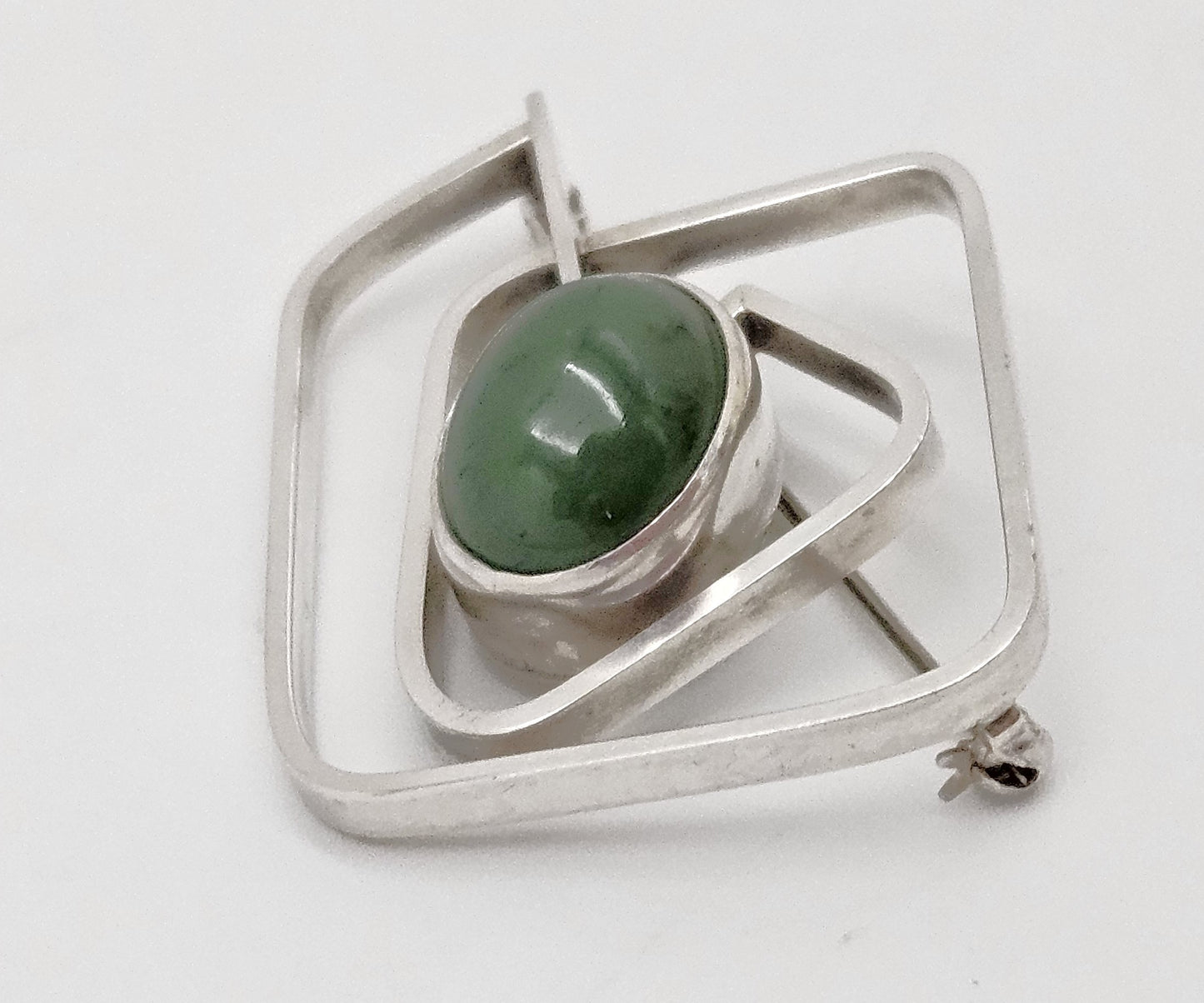 Vintage Sterling & Nephrite Modernist 3D Geometric Abstract Brooch Signed