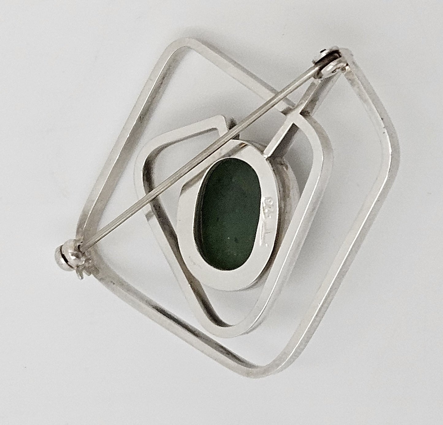 Vintage Sterling & Nephrite Modernist 3D Geometric Abstract Brooch Signed