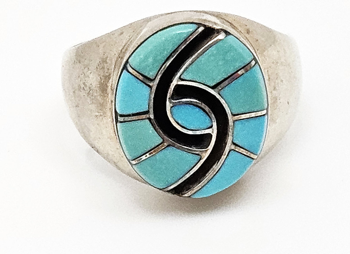 Superb Zuni Amy Quandelacy Sterling Turquoise Inlay Hummingbird Ring C. 1980s