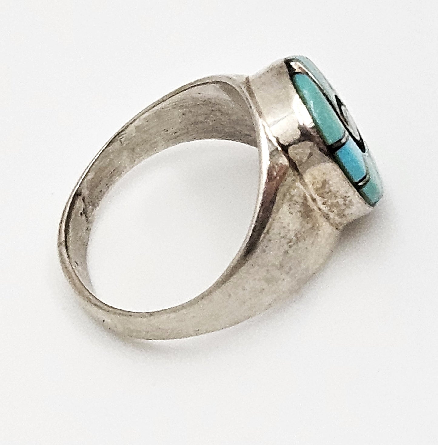 Superb Zuni Amy Quandelacy Sterling Turquoise Inlay Hummingbird Ring C. 1980s