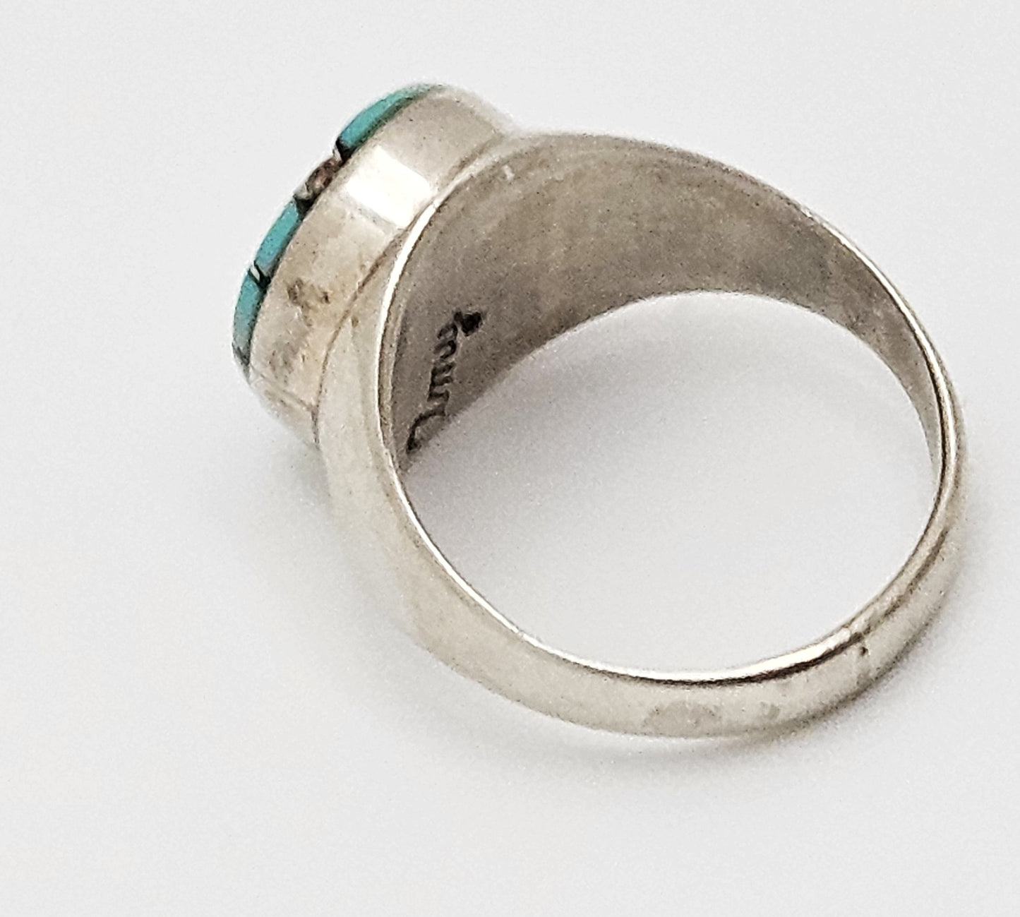 Superb Zuni Amy Quandelacy Sterling Turquoise Inlay Hummingbird Ring C. 1980s