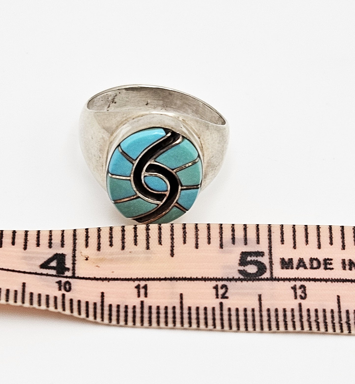 Superb Zuni Amy Quandelacy Sterling Turquoise Inlay Hummingbird Ring C. 1980s