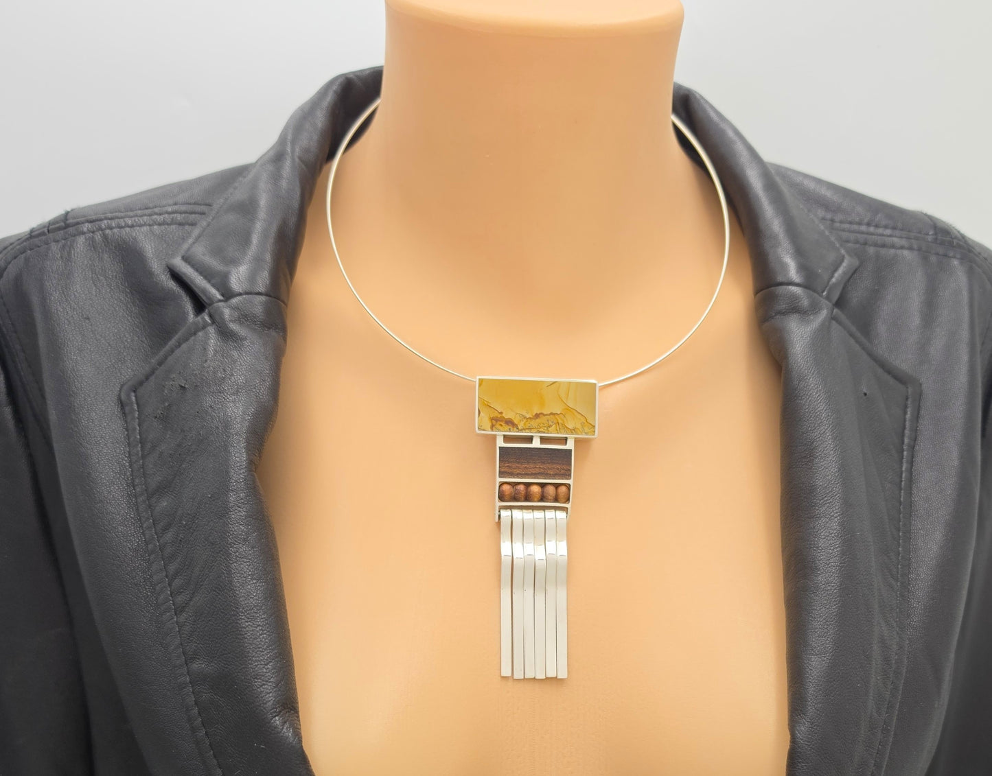 US Designer Keith Harryman Sterling Stone Wood Modernist Pendant Necklace