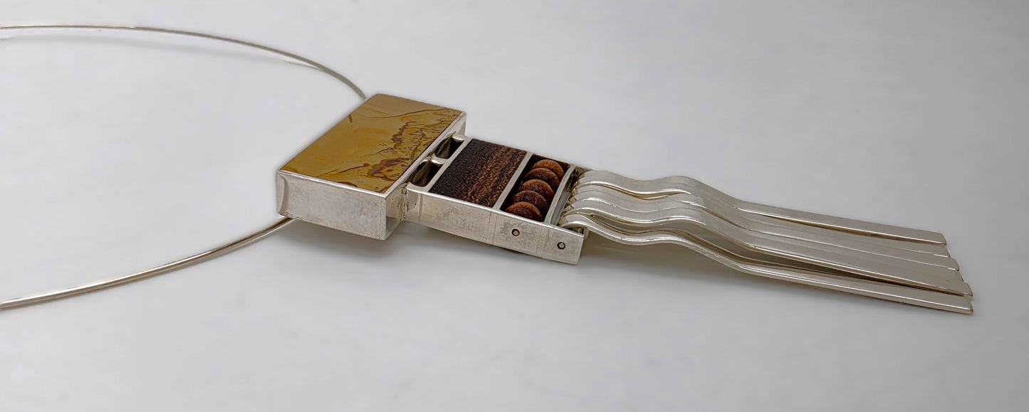 US Designer Keith Harryman Sterling Stone Wood Modernist Pendant Necklace