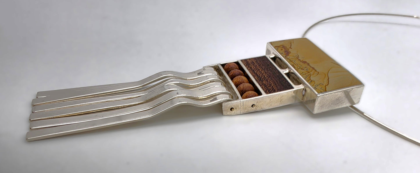 US Designer Keith Harryman Sterling Stone Wood Modernist Pendant Necklace
