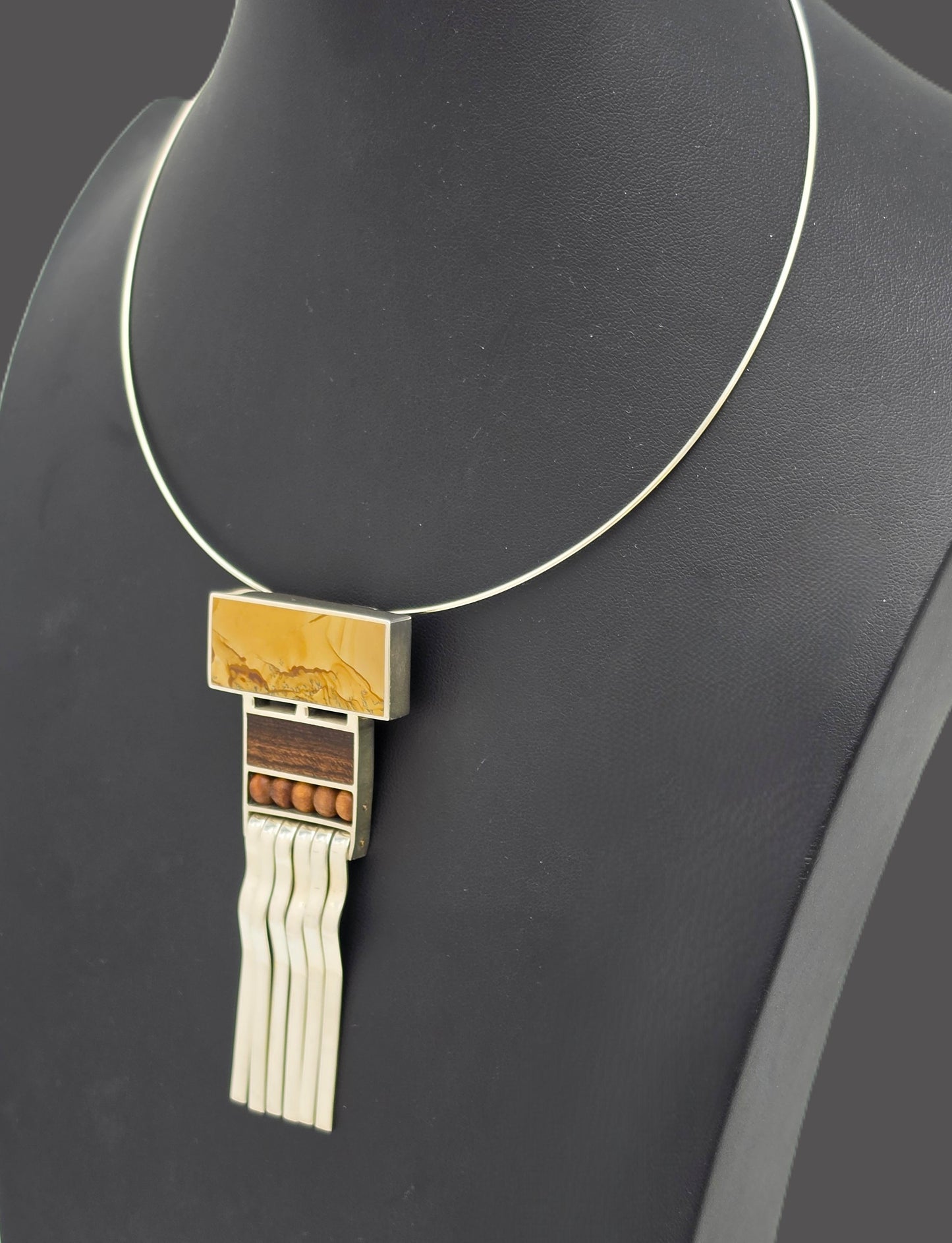 US Designer Keith Harryman Sterling Stone Wood Modernist Pendant Necklace