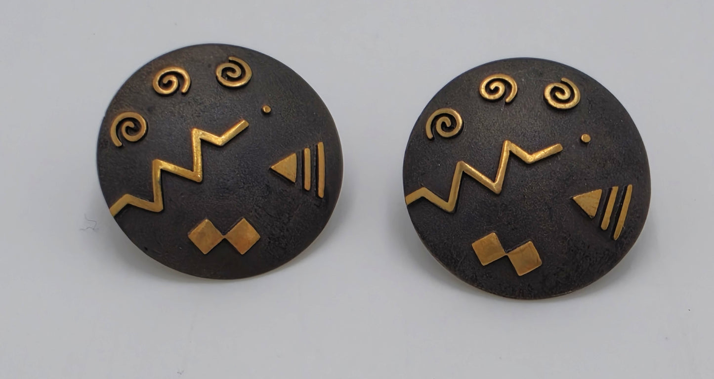 Cathleen Bunt Sterling 14K 24K Gold Memphis Style Modernist Earrings C 1980s