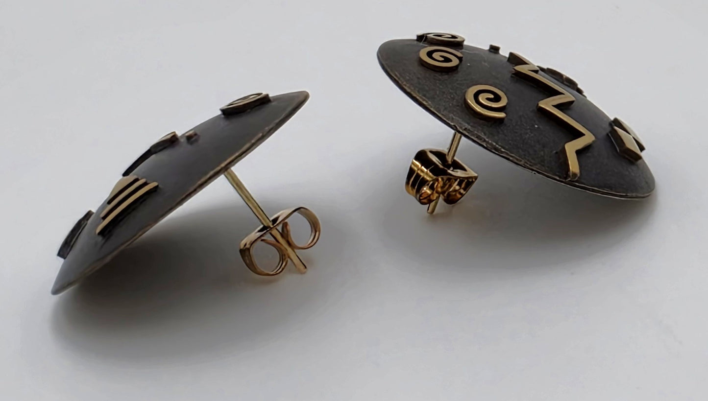 Cathleen Bunt Sterling 14K 24K Gold Memphis Style Modernist Earrings C 1980s