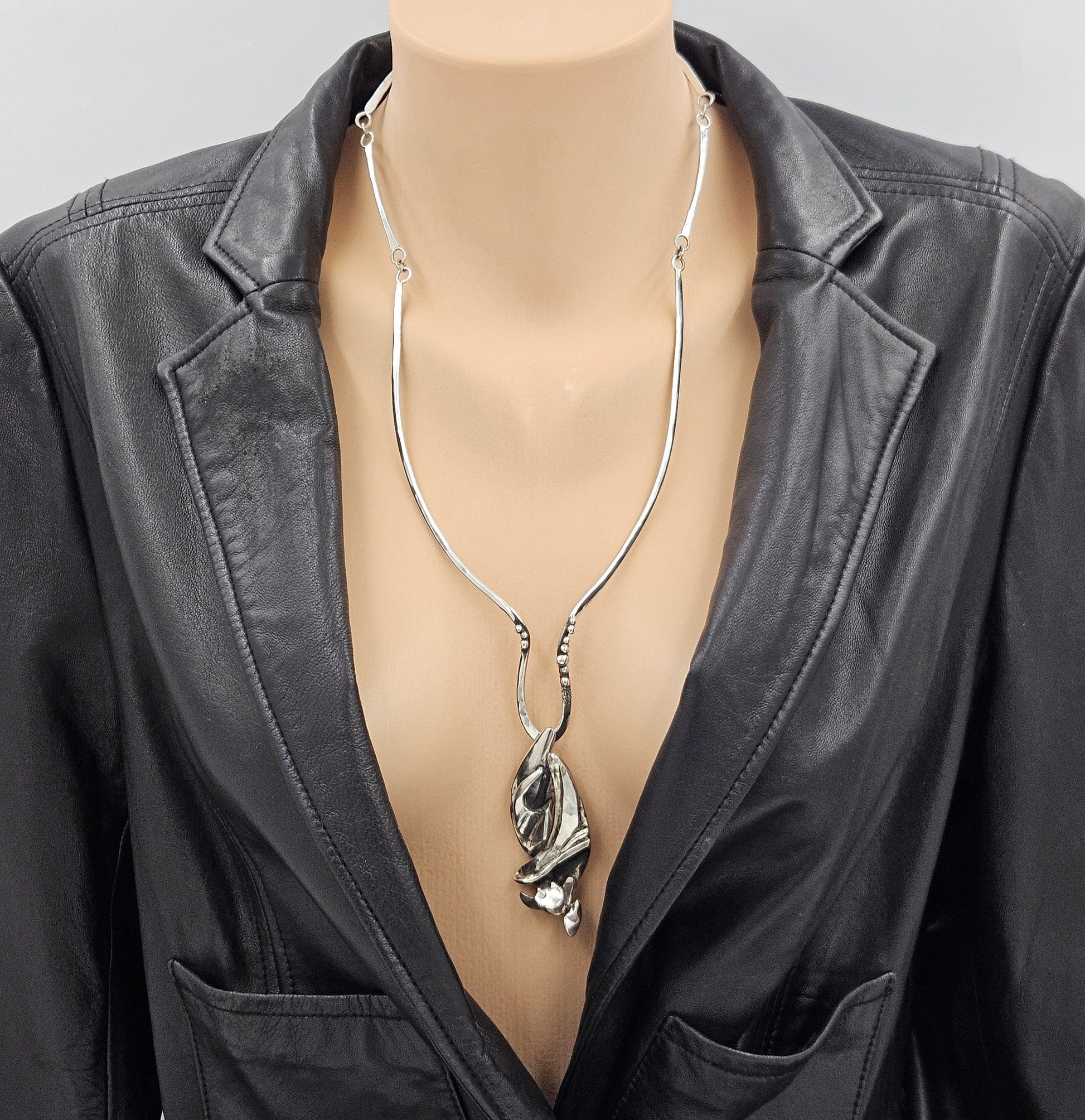 Artisan Sterling Necklace Jewelry Brutalist Sterling Silver Modernist Pendant Collar Necklace