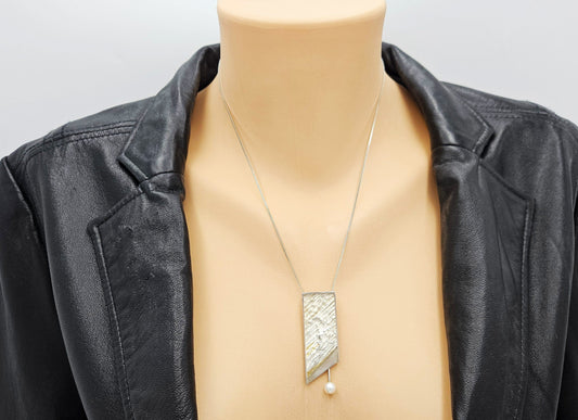 Artisan Sterling Necklace Jewelry Sterling & Gold and Pearl Abstract Modernist Pendant Necklace Signed