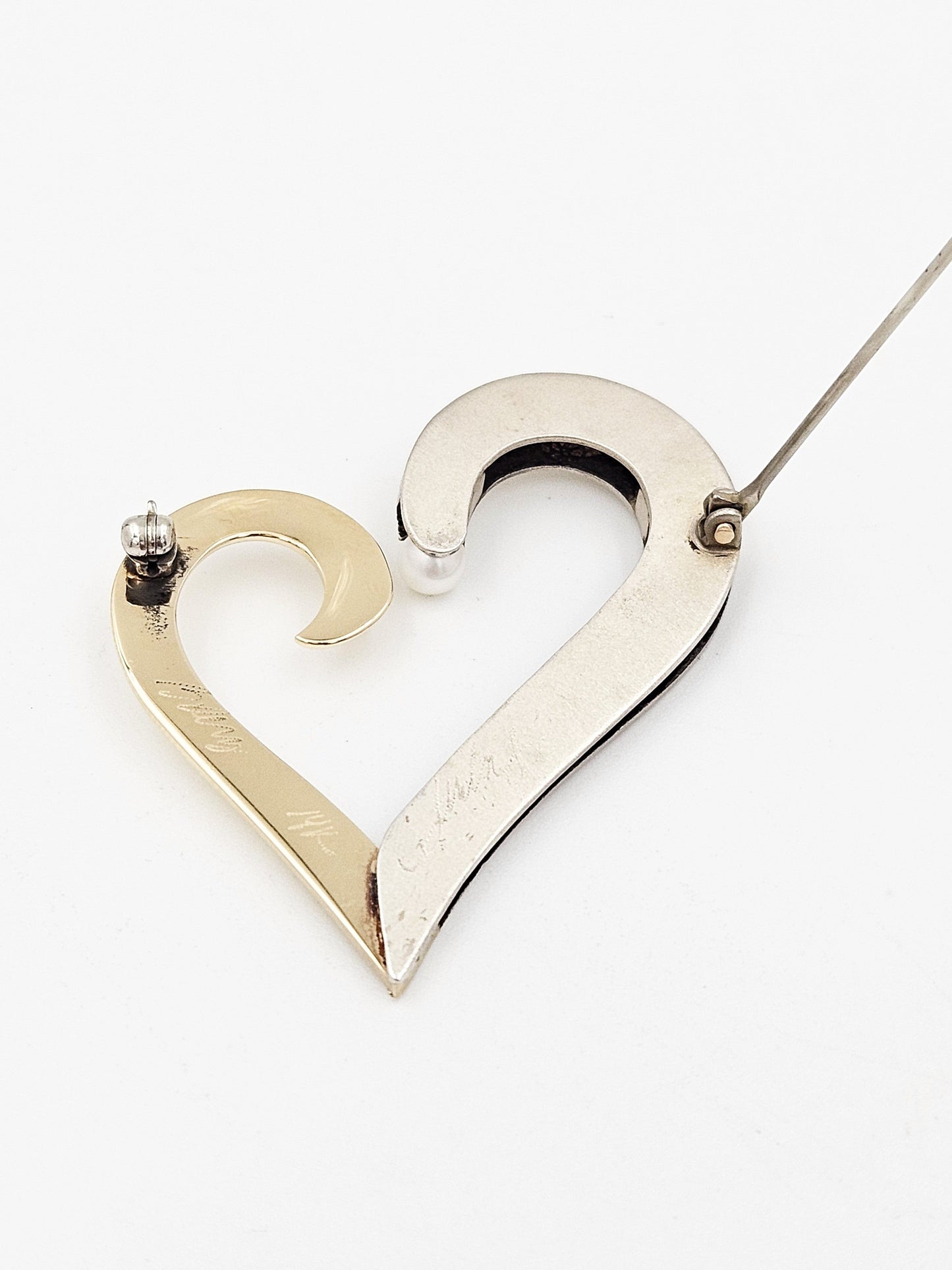 B Levy Jewelry Superb Artisan Signed B Levy Sterling 14k Gold & Pearl Modernist Heart Brooch